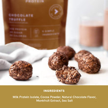 Load image into Gallery viewer, Delicious looking chocolate protein bites made from ICONIC Protein Powder. Ingredient list: Milk Protein Isolate, Cocoa Powder, Natural Chocolate Flavor, Monkfruit Extract, Sea Salt.