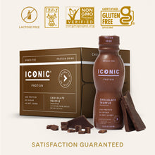 Load image into Gallery viewer, Chocolate Truffle Protein Shake 12 Pack on a tan background. Lactose Free. Truly Grass Fed Protein. Non-GMO Project Verified. Certified Gluten Free. Satisfaction Guaranteed.