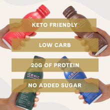 Load image into Gallery viewer, Vanilla Bean, Chocolate Truffle, Café Latte, & Cacao + Greens Protein Shakes on a tan background. Keto Friendly, Low Carb, 20g Protein, No Added Sugar.