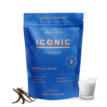 Load image into Gallery viewer, ICONIC sugarfree vanilla protein powder in a blue bag on a white background. 18 servings per bag.