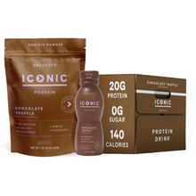 Load image into Gallery viewer, ICONIC Chocolate Protein Lover's Bundle: 1 lb. Chocolate Truffle Protein Powder + 12 Bottles Chocolate Truffle Protein Shake. 20g Protein per serving, 0g sugar per serving. Calories vary.