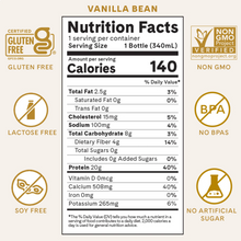 Load image into Gallery viewer, Nutrition Facts for Vanilla Bean Protein Shakes. Gluten Free. Lactose Free. Soy Free. GMO Free. No BPA. No Artificial Sweeteners. 140 calories. 2.5g fat. 4g Net Carbohydrates. 0g Sugar. 20g Protein.