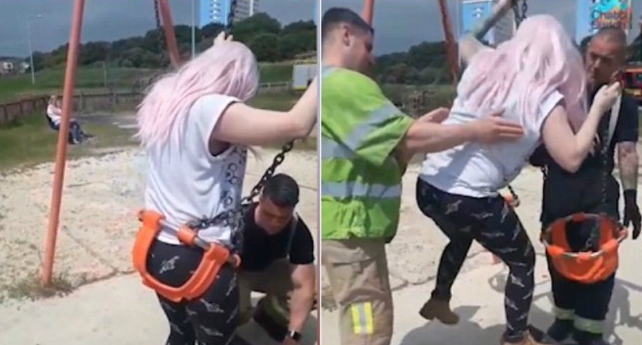 Woman Gets Trapped In Kids Swing Before Firefighters Rescue Her